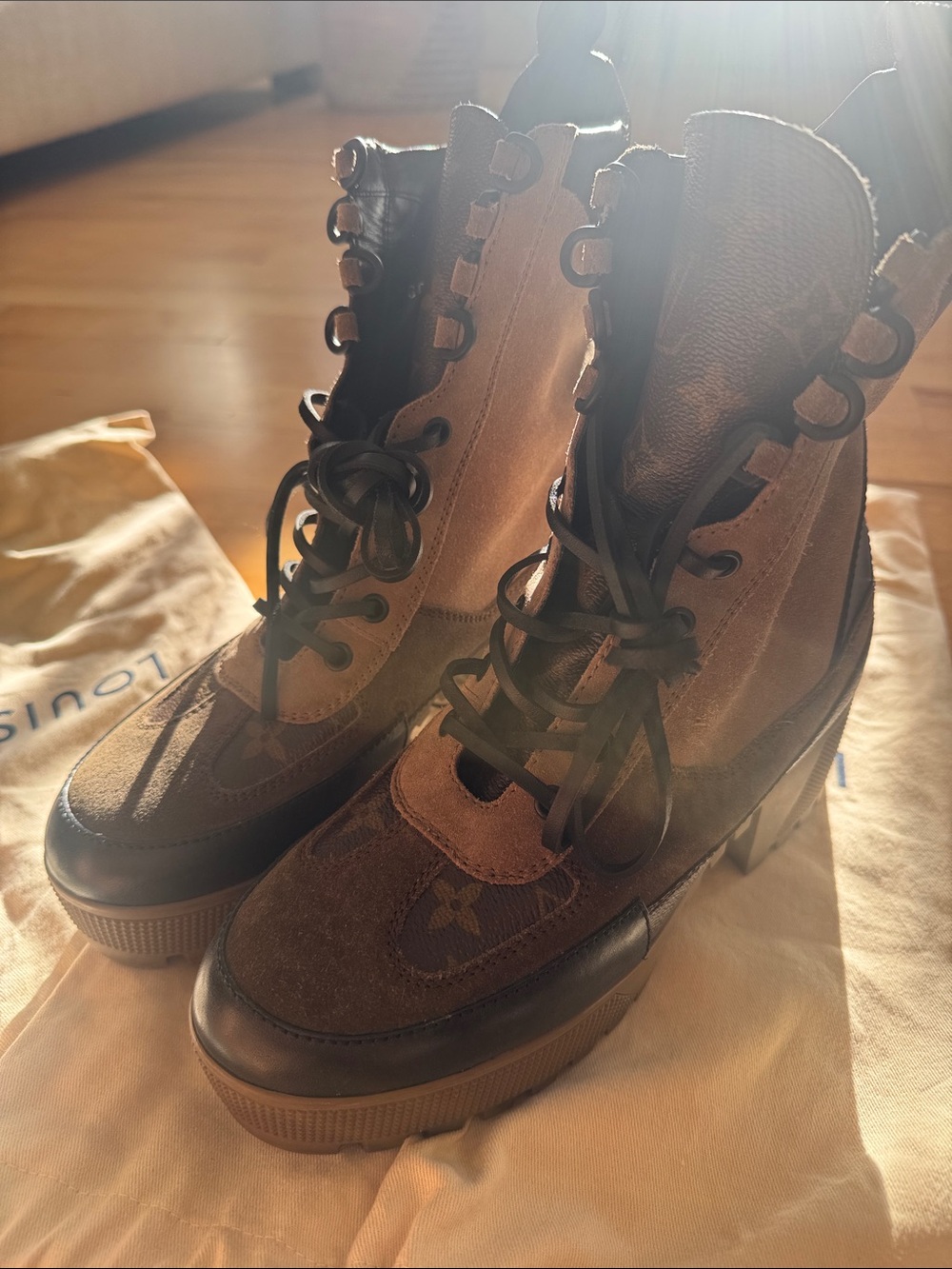 Louis Vuitton Brown Monogram Mixed-Material Lace-Up Boots